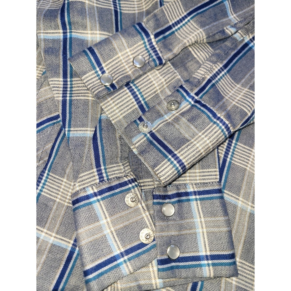 Vintage 70s Rancher Western Wear Mens Button Up Blue Plaid Pearl Snap Size L USA - Picture 13 of 13